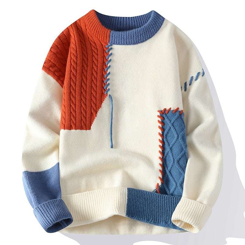 American retro colours contrast patchwork men's sweater