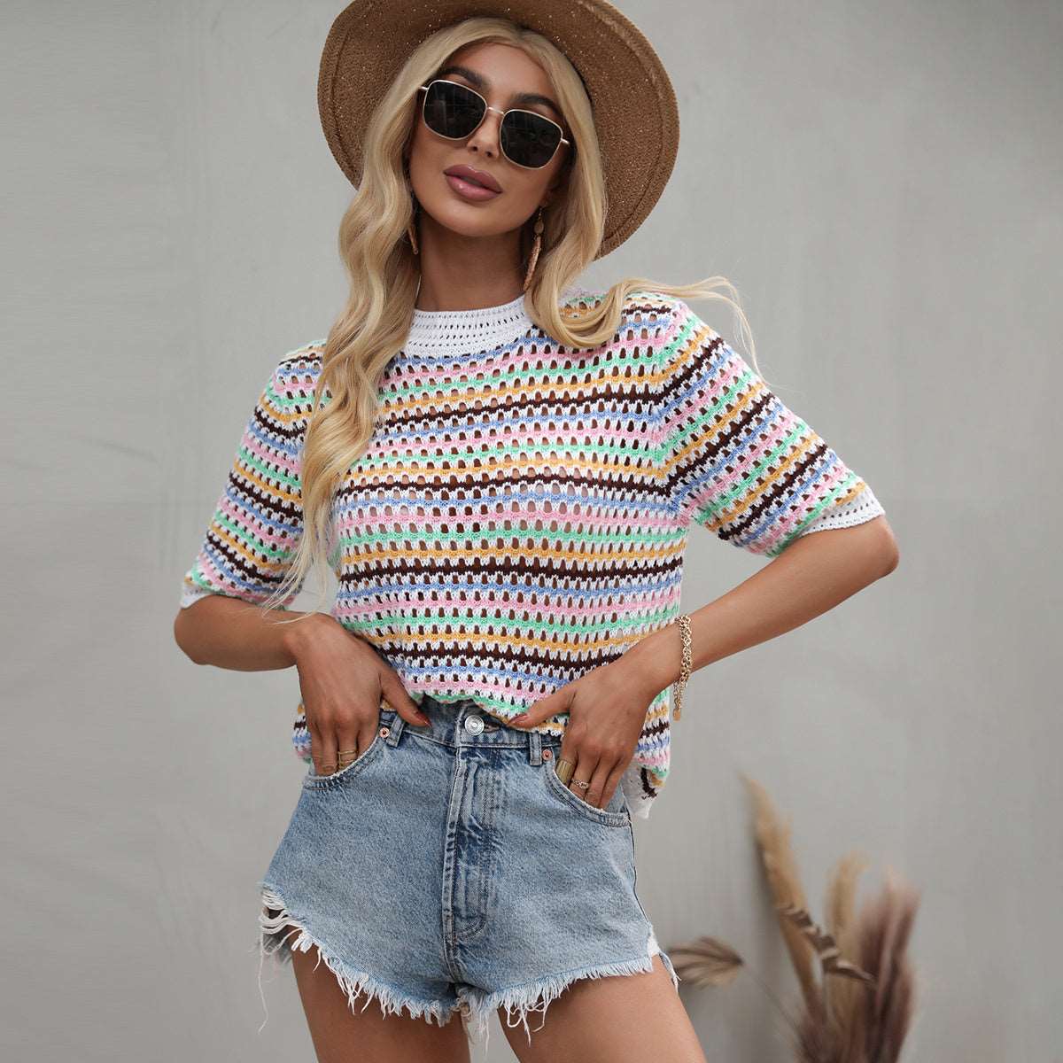 Womens stitching hollow knitted loose striped sweater