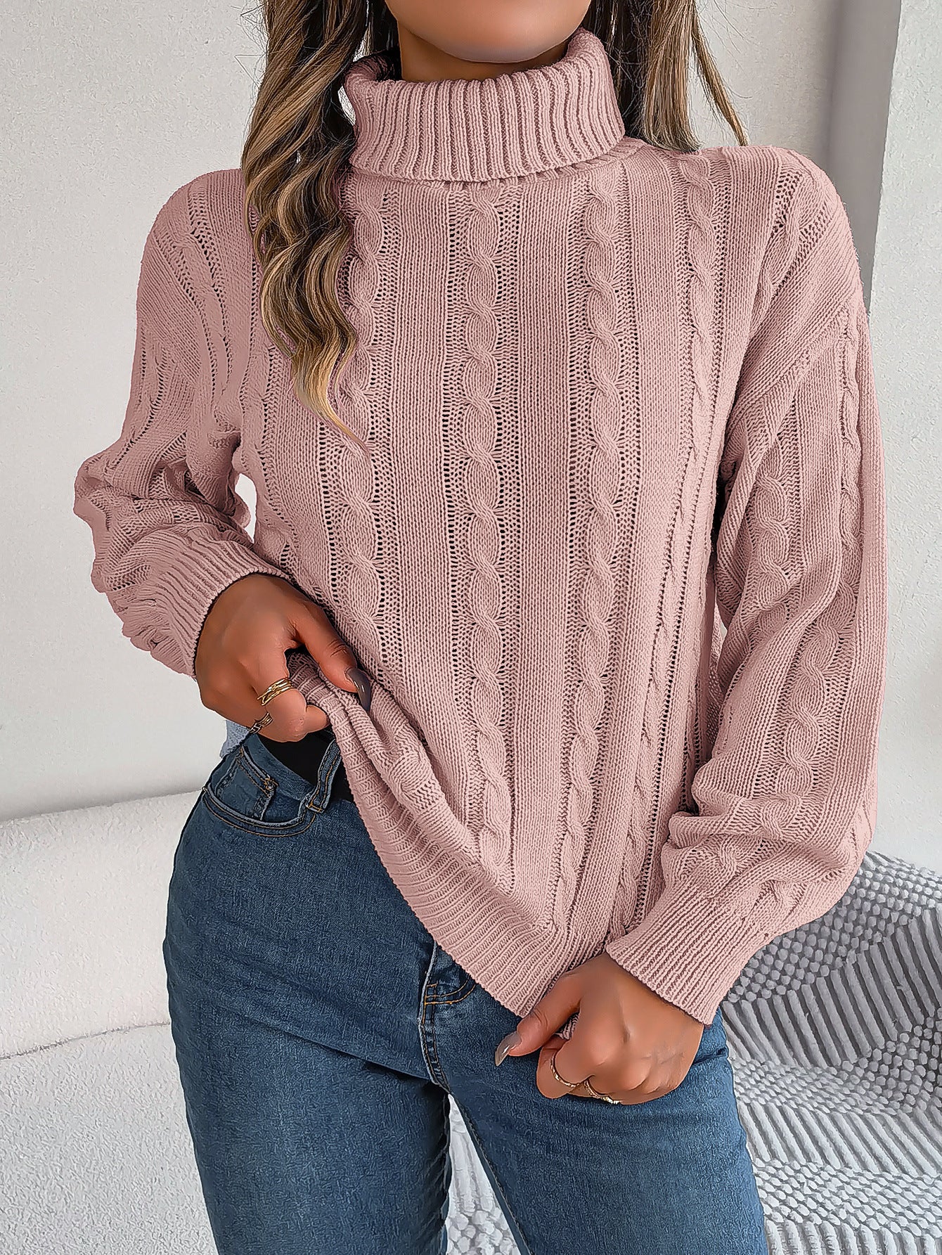 Women's classic casual twist-knit turtleneck sweater in solid color