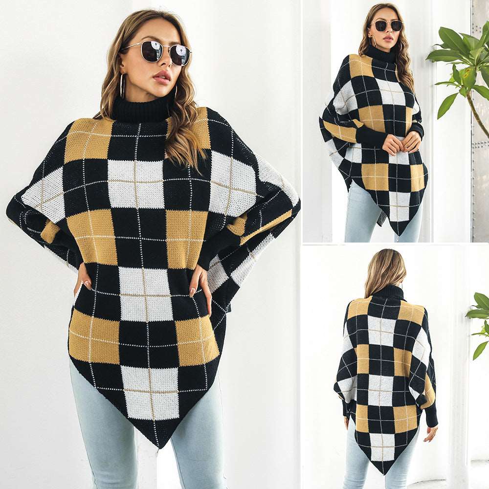 "Women's mid-length plaid jacquard cape sweater coat."