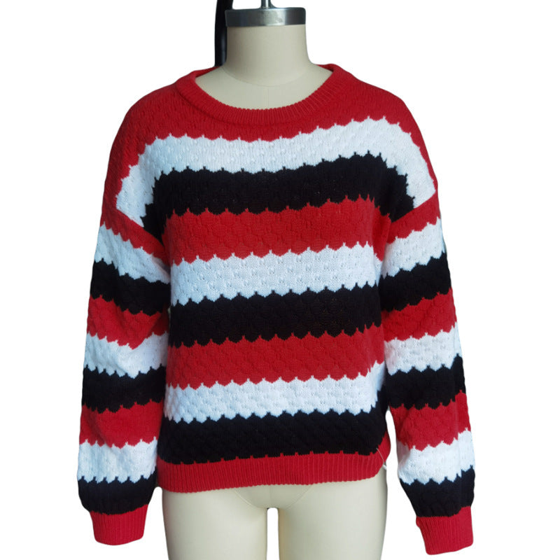 Women's casual loose color-blocking long-sleeved knitted sweater