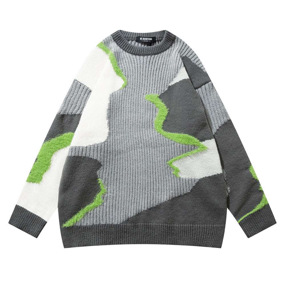 Men's round neck knitwear with irregular stitching and unusual design