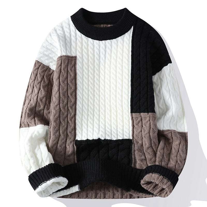 Men's crew neck pullover sweater with color contrast patchwork