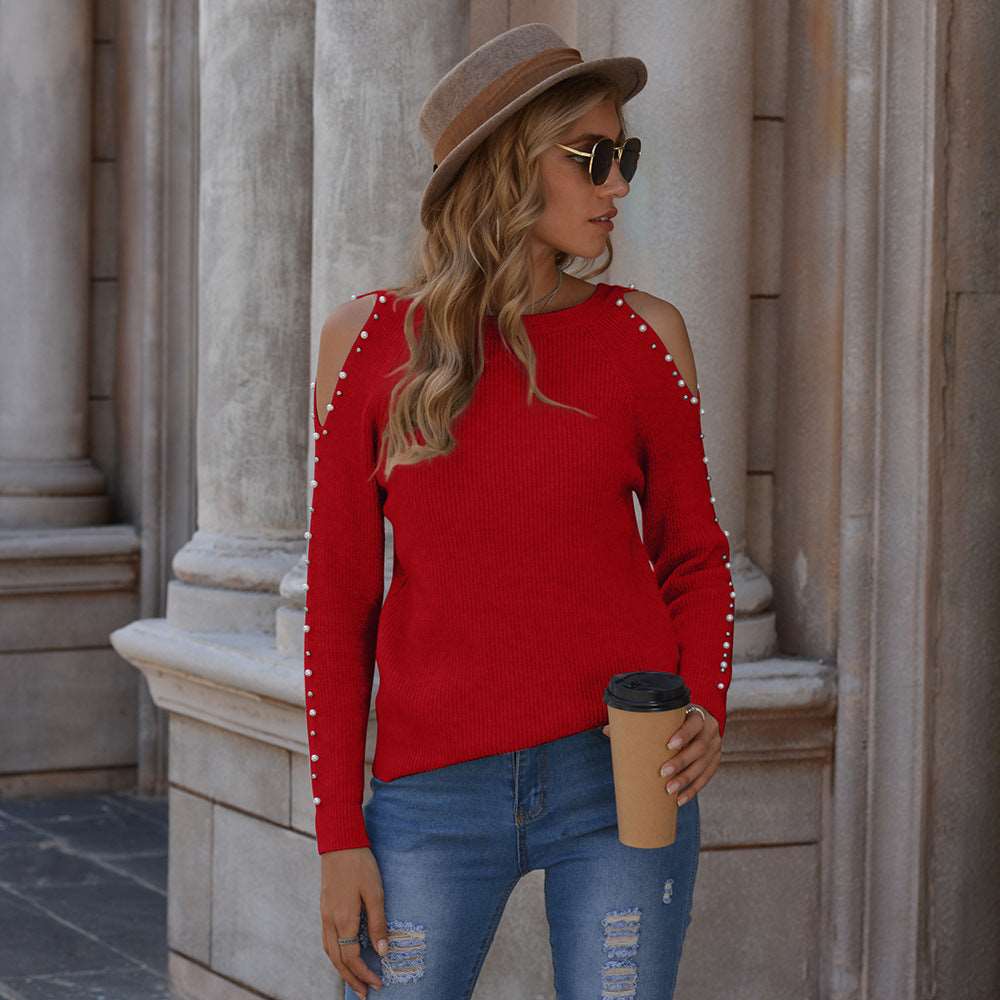 "Stylish beaded off-the-shoulder sweater for women."