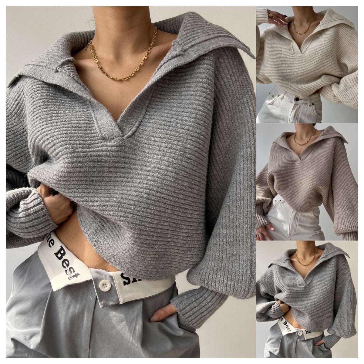 Lapel pullover knitted sweater for women's