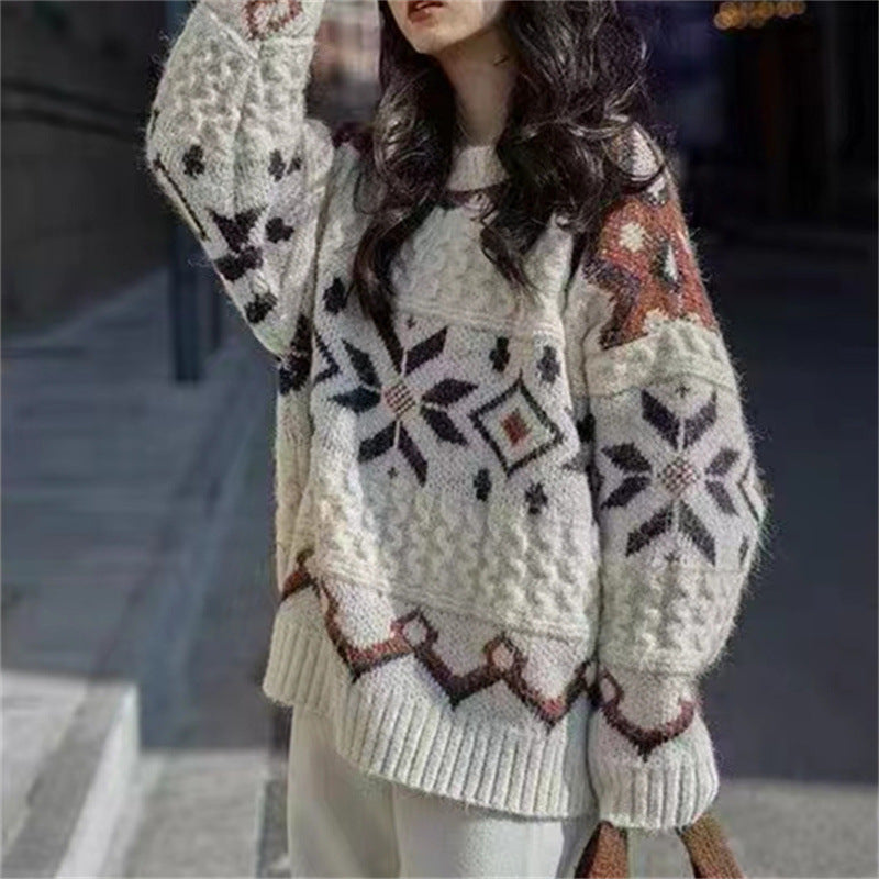 Geometric pattern retro-style soft, gentle, thickened, loose knitted sweater for women