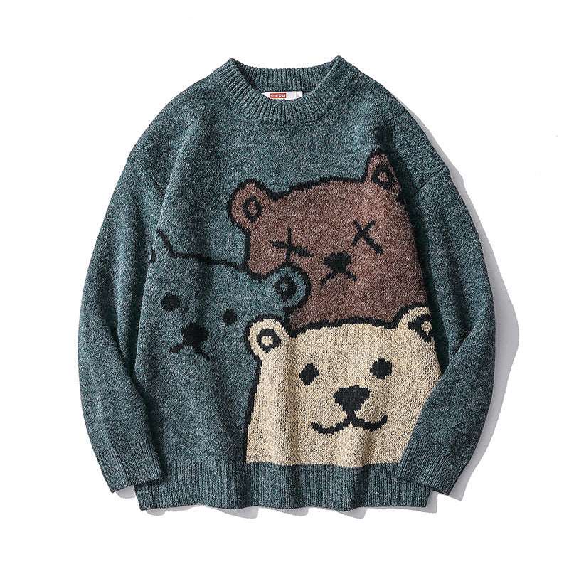 Loose round neck knit sweater for men, featuring a trendy bear design