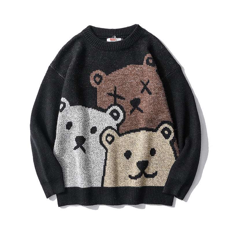 Loose round neck knit sweater for men, featuring a trendy bear design