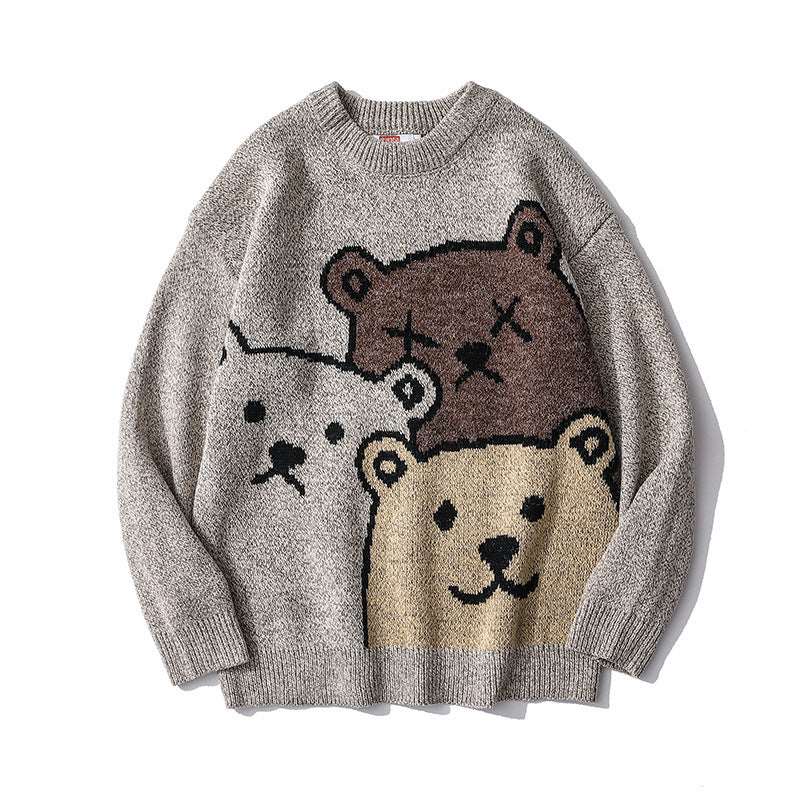 Loose round neck knit sweater for men, featuring a trendy bear design