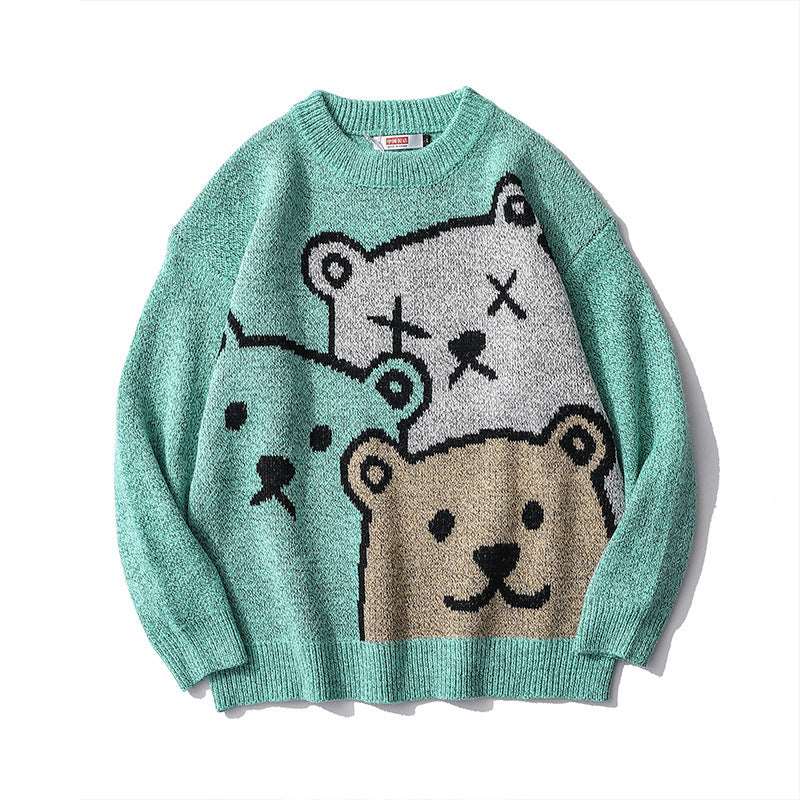 Loose round neck knit sweater for men, featuring a trendy bear design