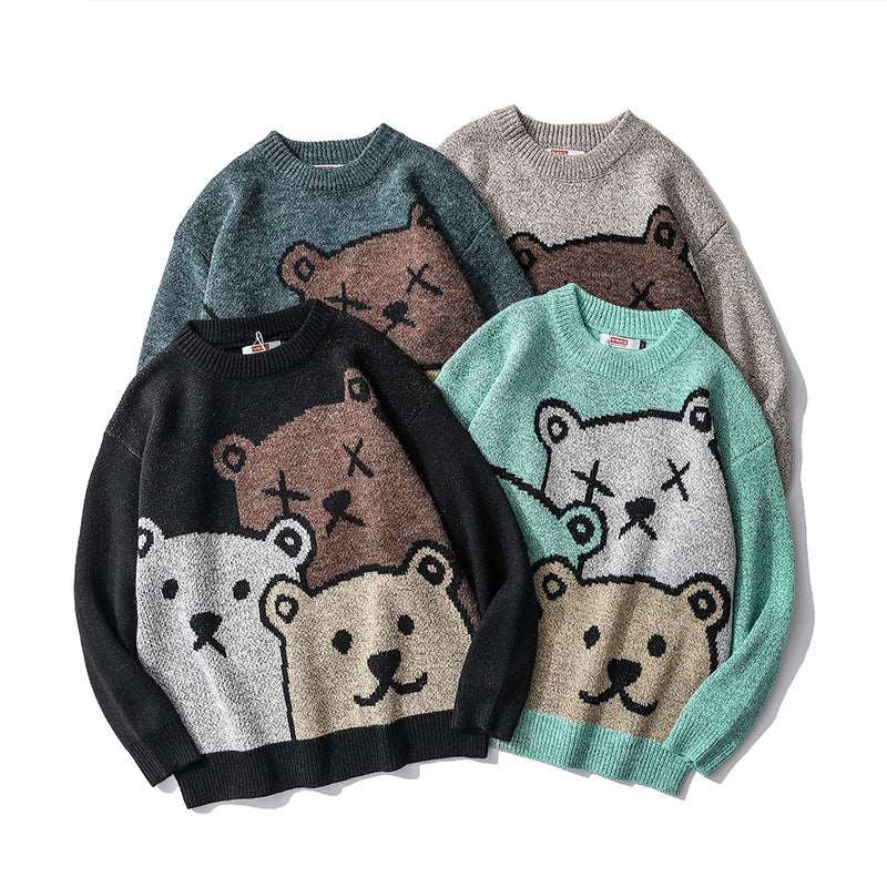 Loose round neck knit sweater for men, featuring a trendy bear design