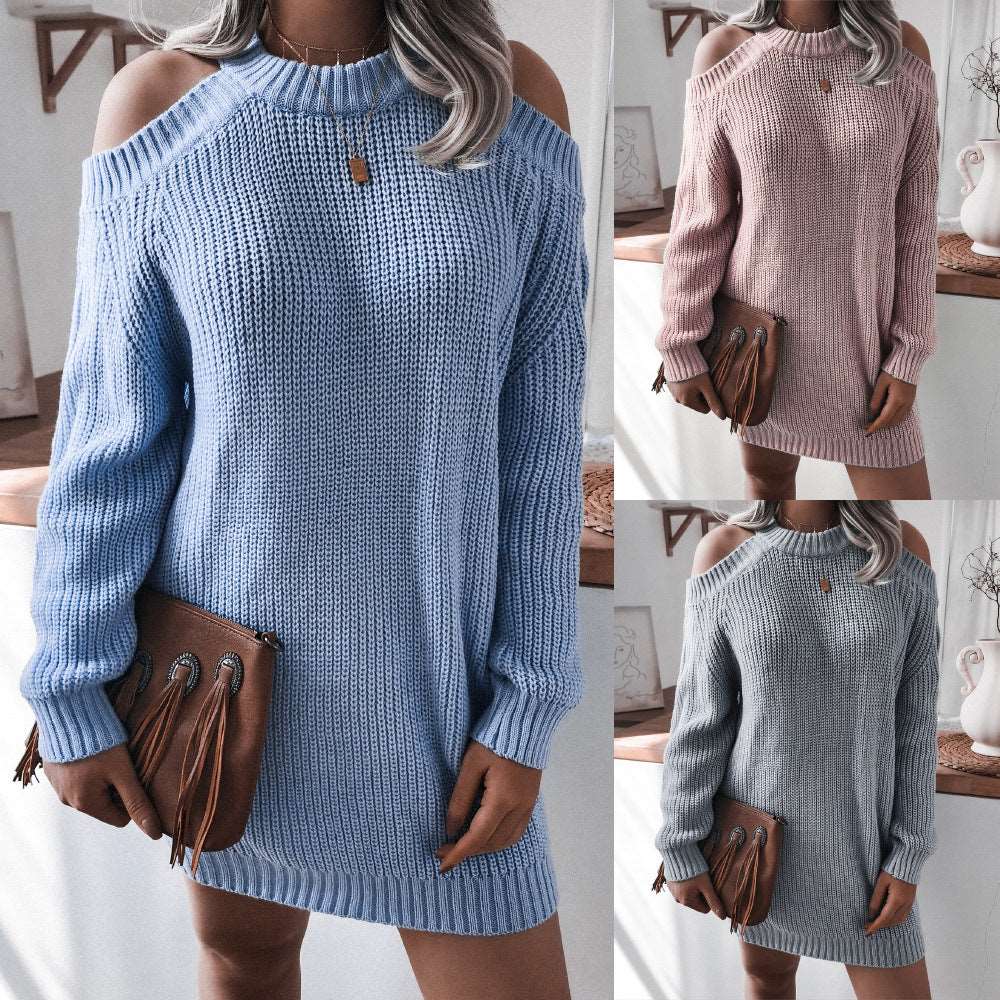 Open-shoulder casual long sweater for women