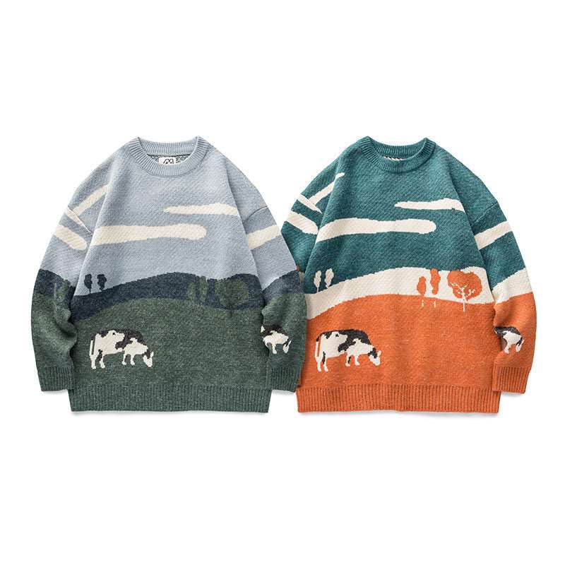 Men's vintage crew neck sweater with nature-inspired contrast