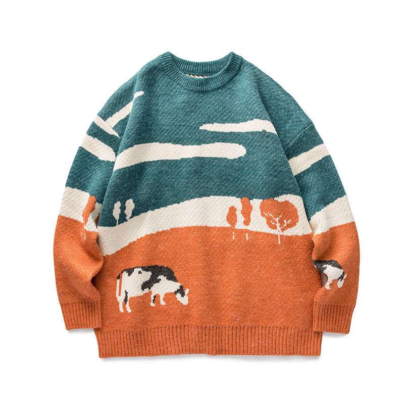 Men's vintage crew neck sweater with nature-inspired contrast