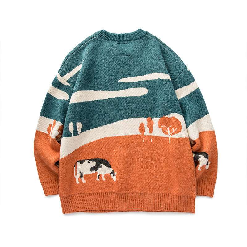 Men's vintage crew neck sweater with nature-inspired contrast