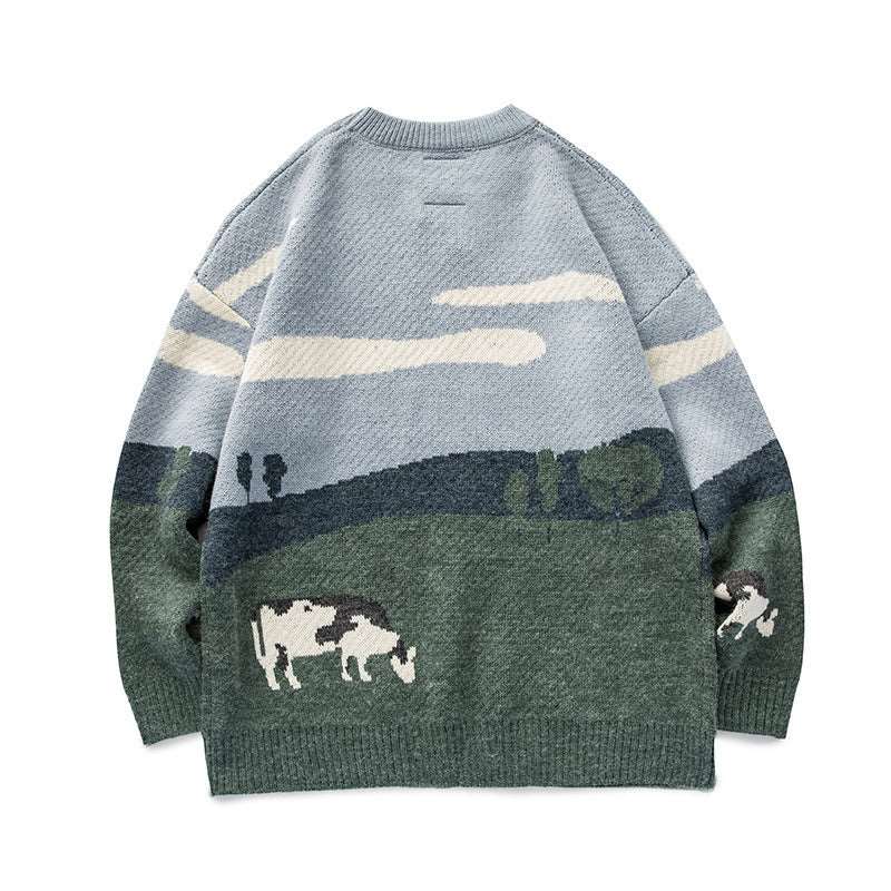 Men's vintage crew neck sweater with nature-inspired contrast