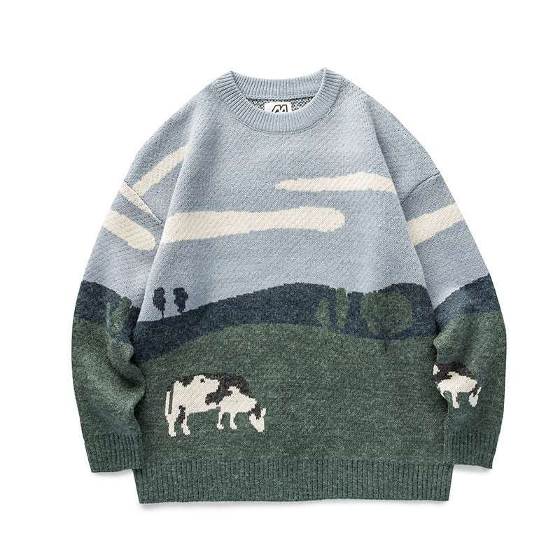 Men's vintage crew neck sweater with nature-inspired contrast