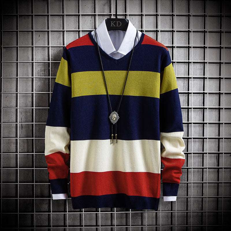 Men's casual V-neck sweater with thin colour blocking