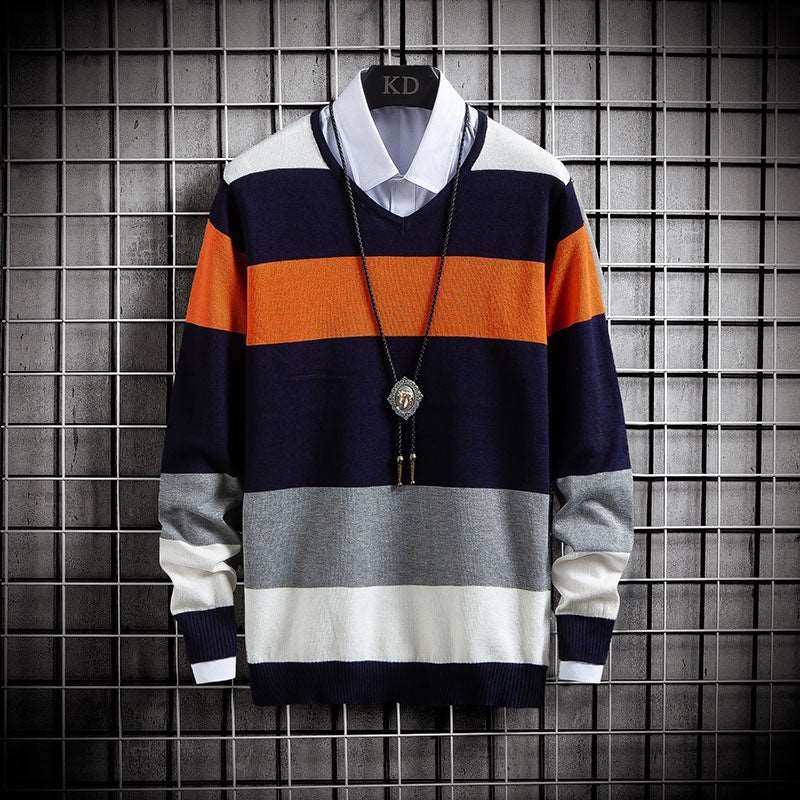 Men's casual V-neck sweater with thin colour blocking