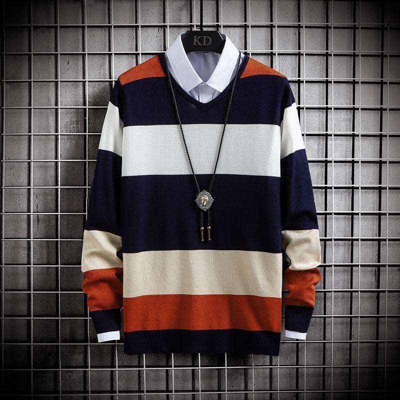 Men's casual V-neck sweater with thin colour blocking