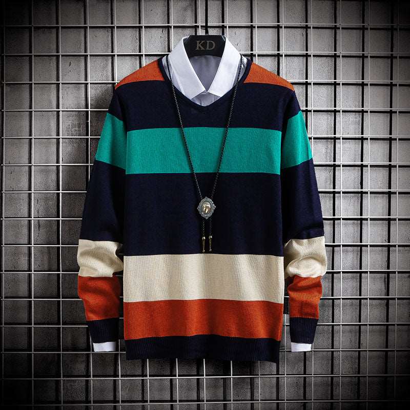 Men's casual V-neck sweater with thin colour blocking