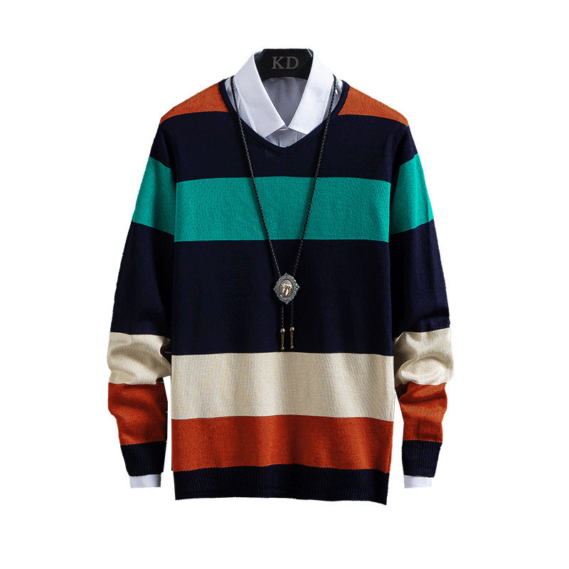 Men's casual V-neck sweater with thin colour blocking