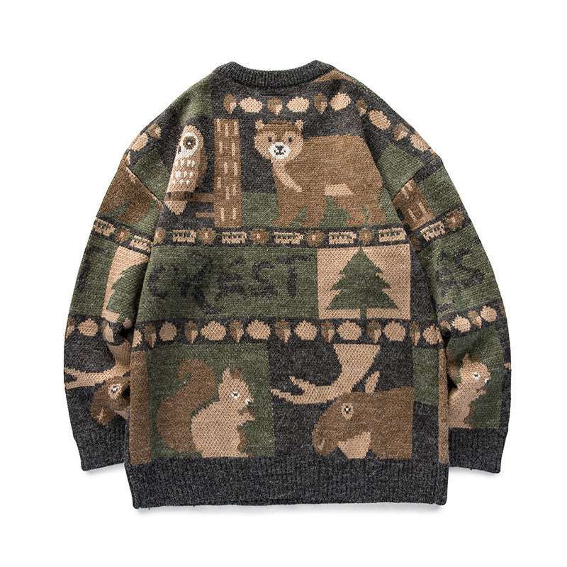 Men's knitted sweater featuring forest animals