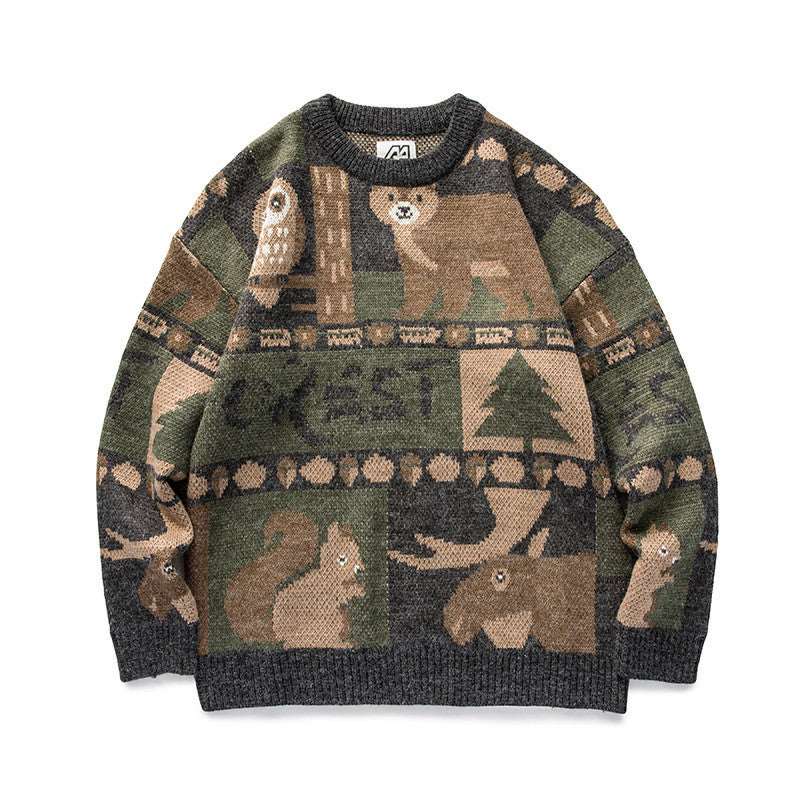 Men's knitted sweater featuring forest animals