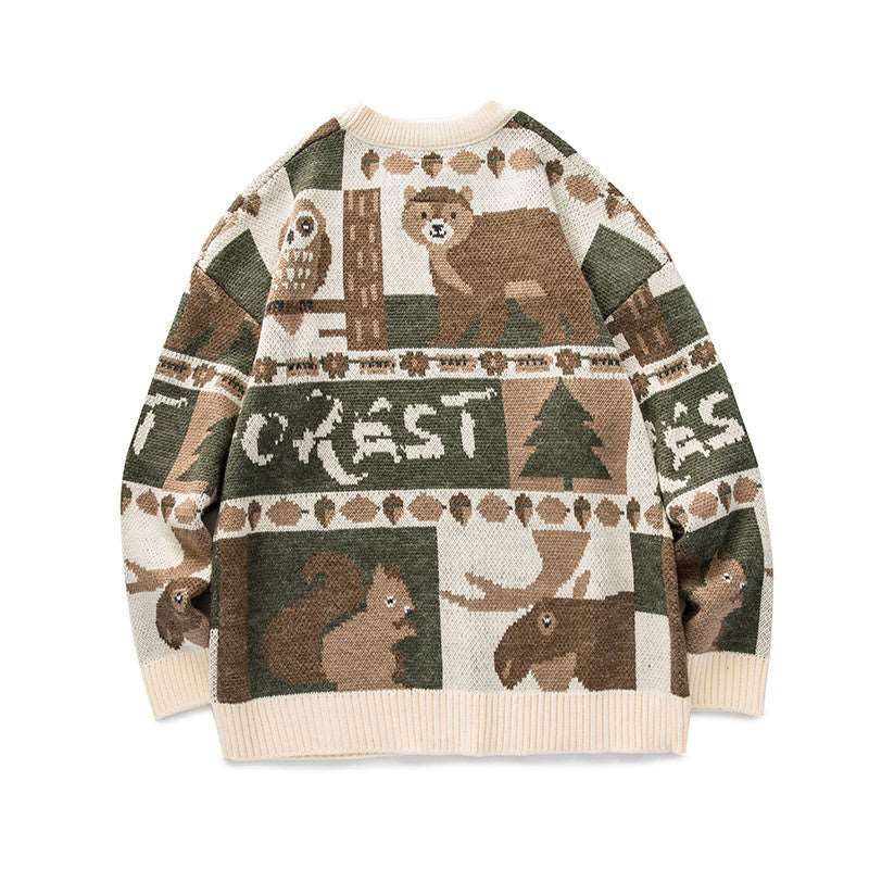 Men's knitted sweater featuring forest animals