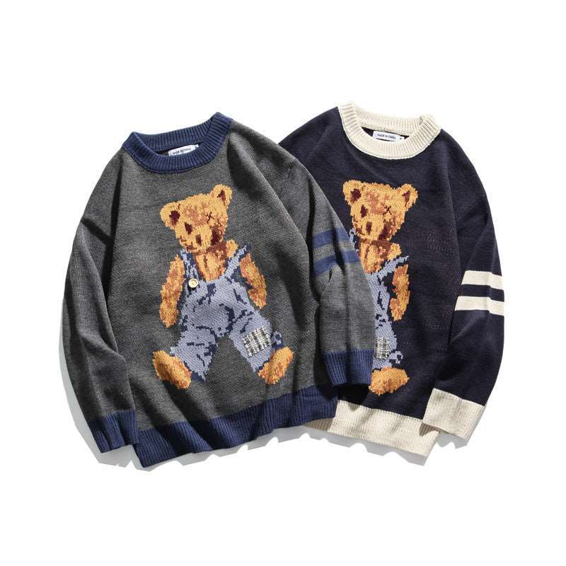 For men, a cartoon sweater with a relaxed round neckline in a contemporary style