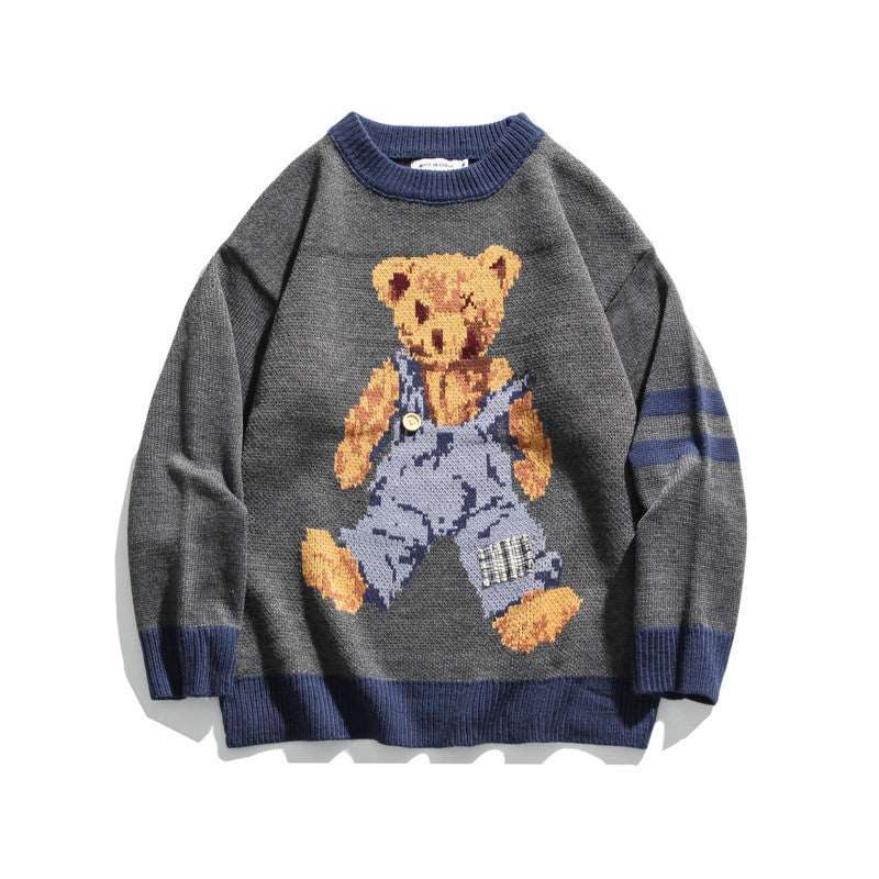 For men, a cartoon sweater with a relaxed round neckline in a contemporary style