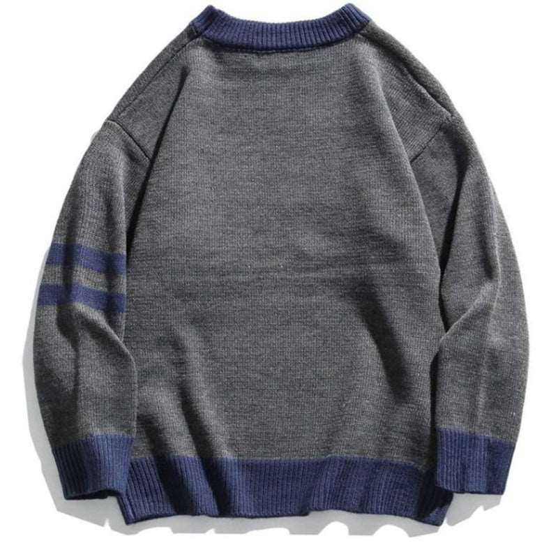 For men, a cartoon sweater with a relaxed round neckline in a contemporary style