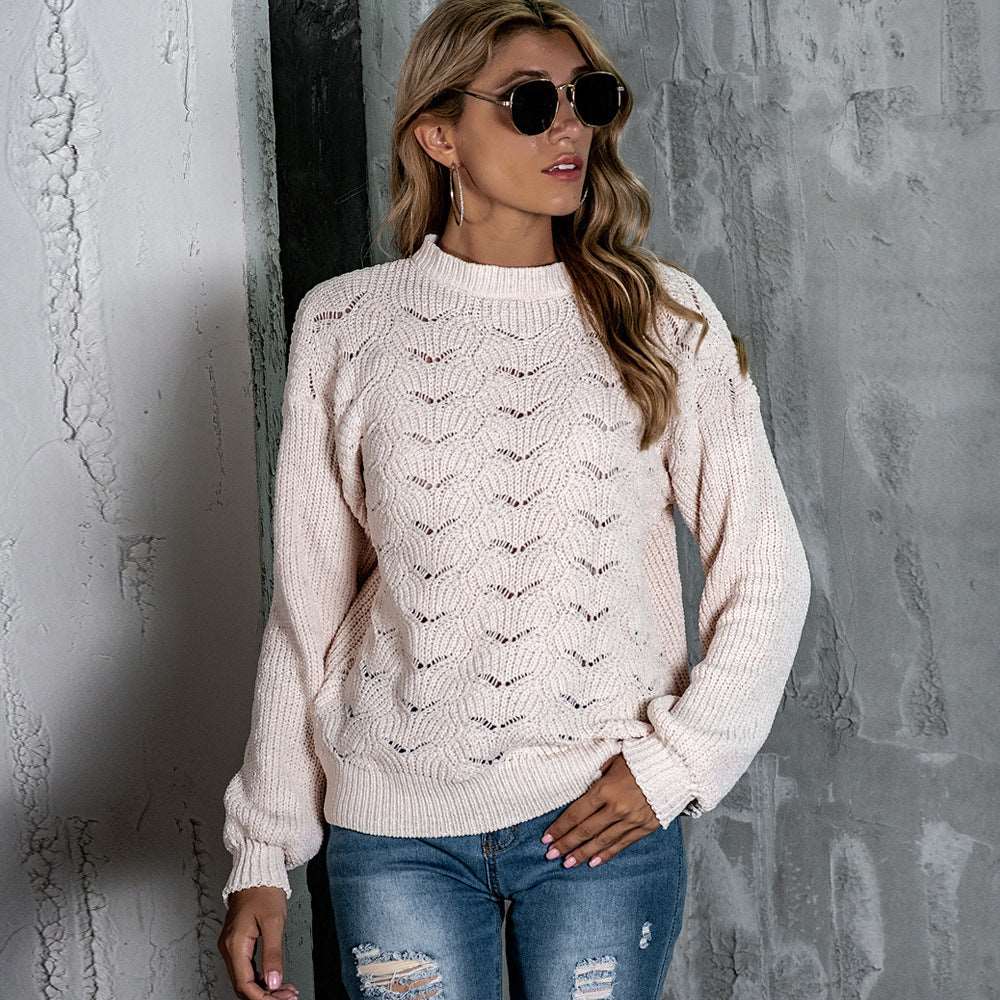 "Solid colour hollow-out knitted top for women."