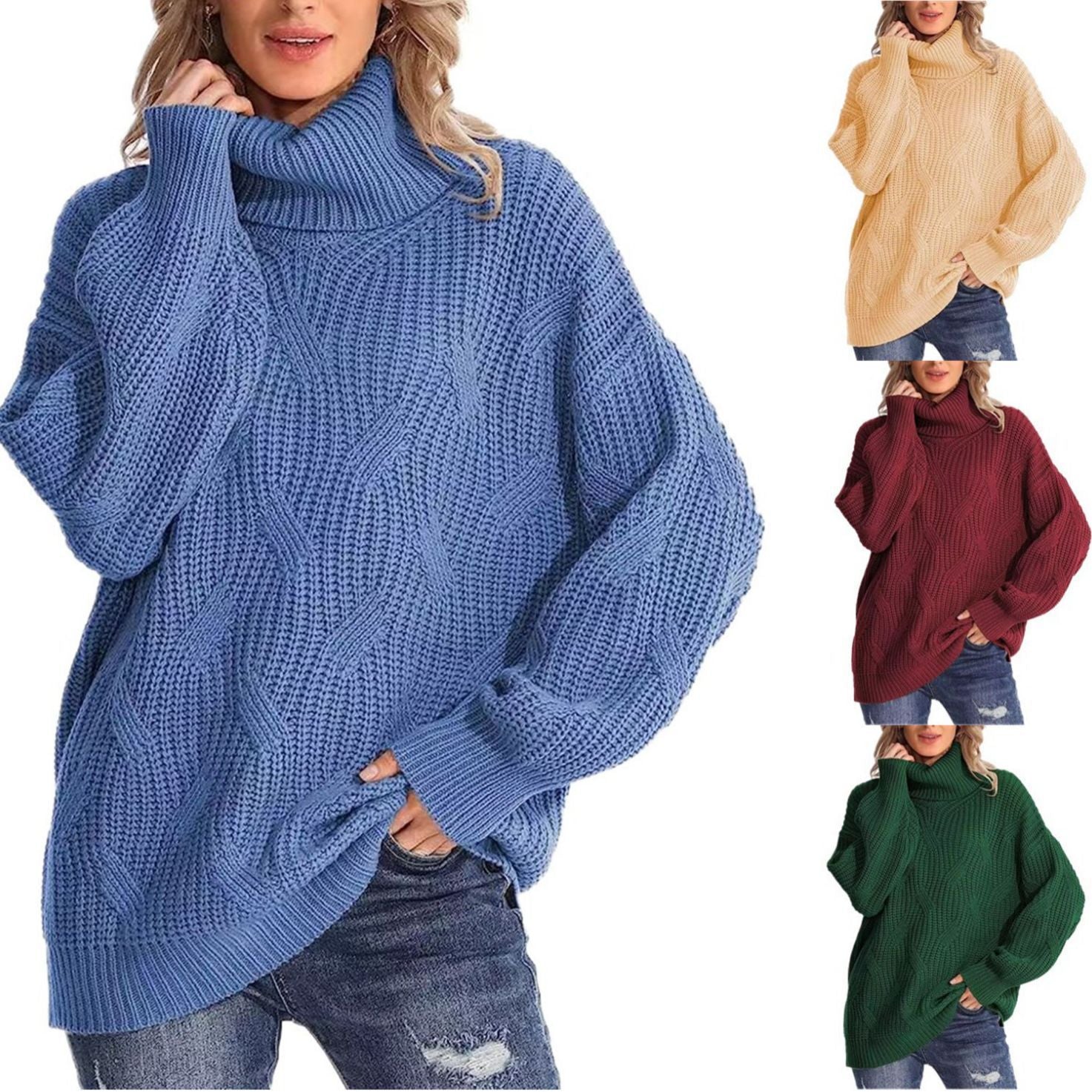 Women's loose high-collar twisted knitted sweater pullover with long sleeves