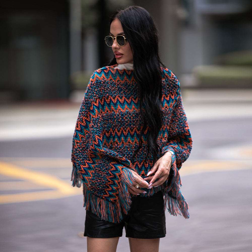 "V-neck cloak-style twill plaid tassel pullover shawl women's knitwear sweater"