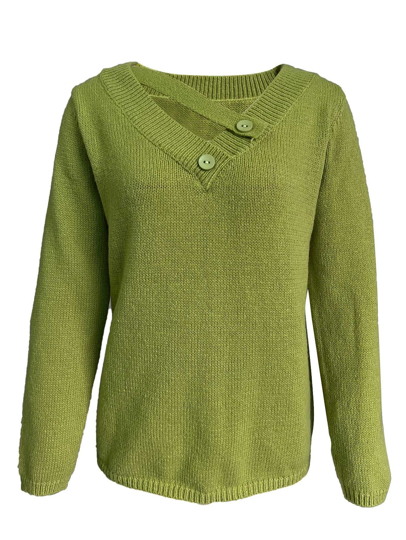 "V-neck long sleeve women's sweater with decorative diagonal buckle, perfect for elegant commuters."