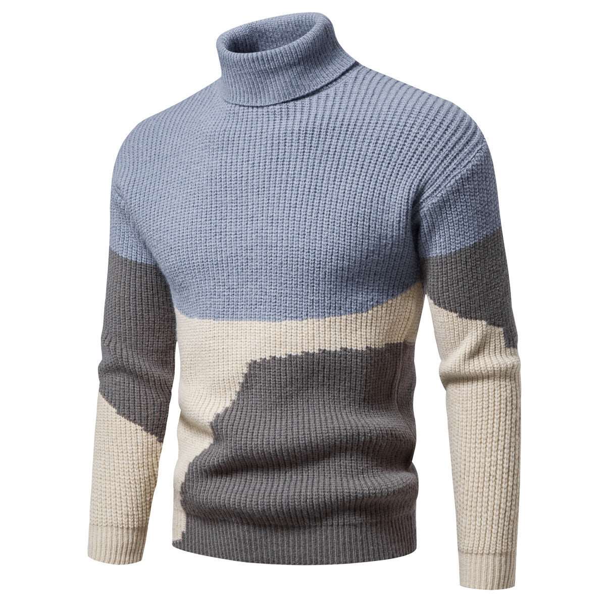 "Men's color-block knitted turtleneck sweater."