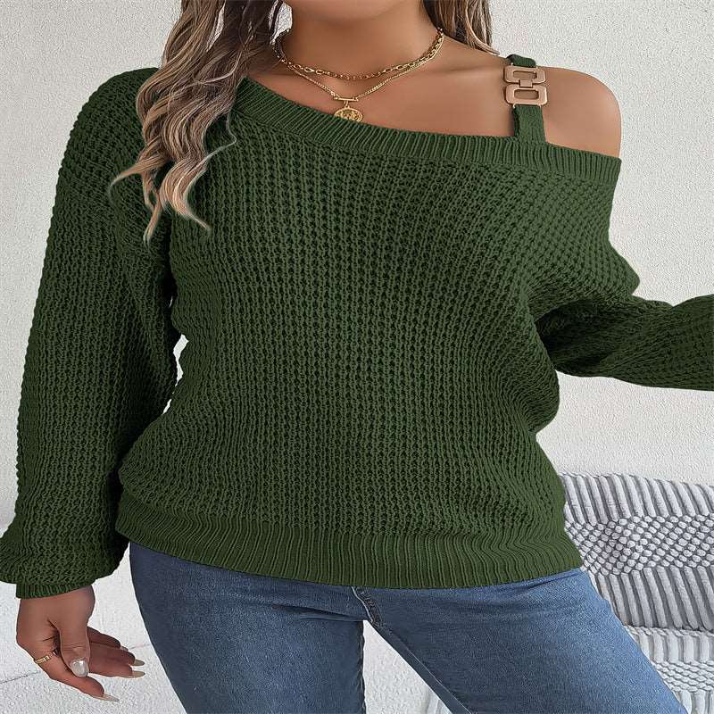 "Women's casual pullover sweater with metal buckle patchwork and cold-shoulder lantern sleeves."