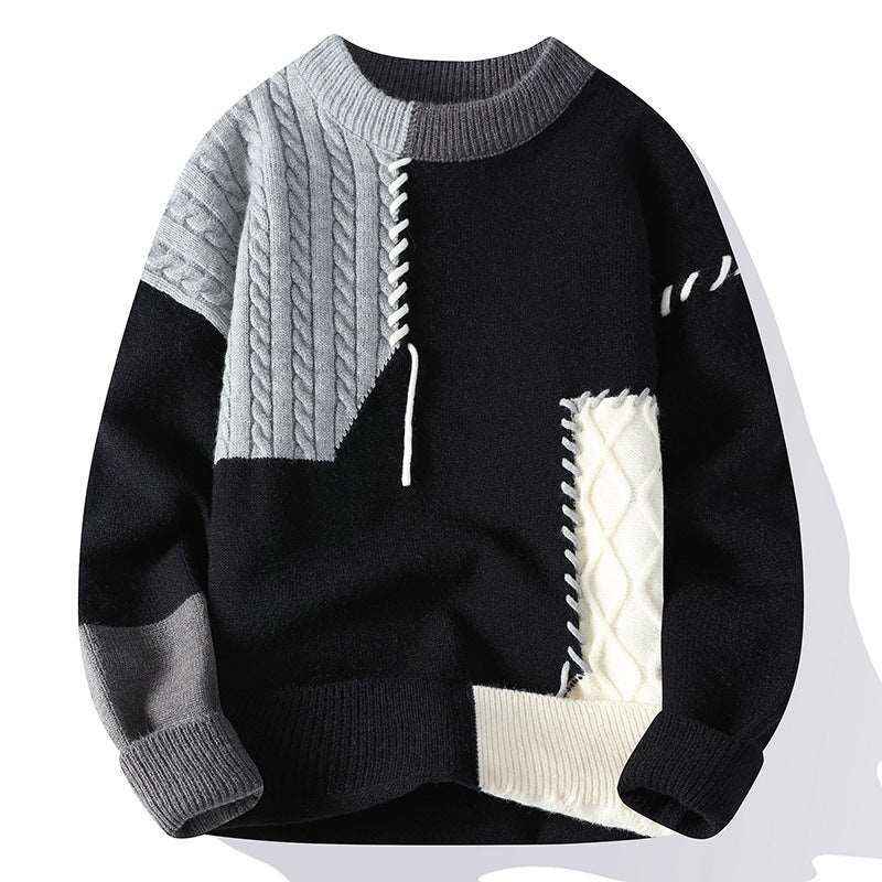 American retro colours contrast patchwork men's sweater