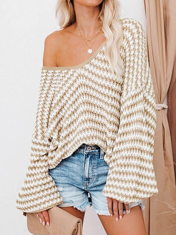 Women's fashionable casual sweater with wave stripes, puffy sleeves, and a loose fit