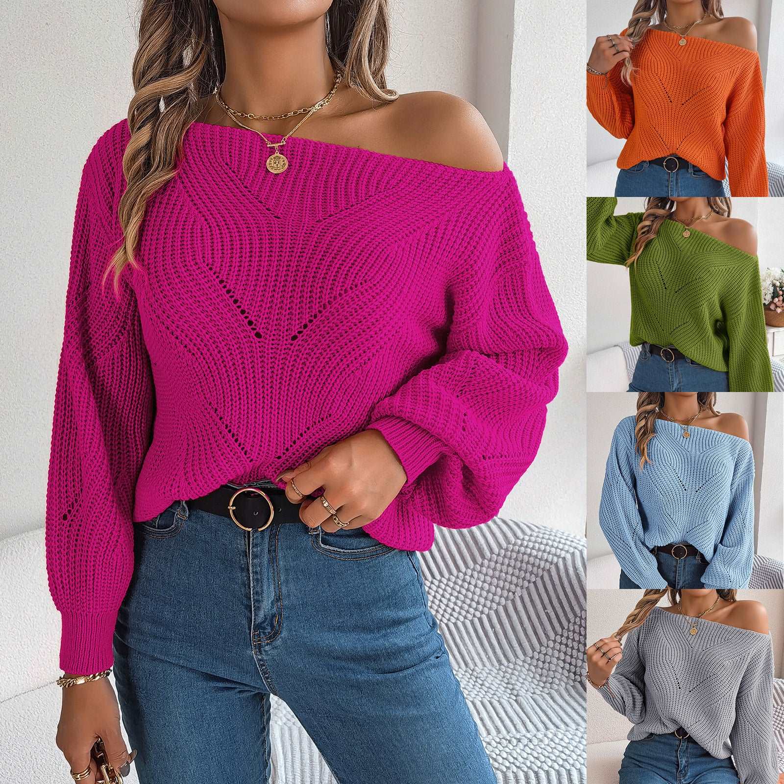 "Women's casual sweater with hollow-out off-neck and off-the-shoulder lantern sleeves."