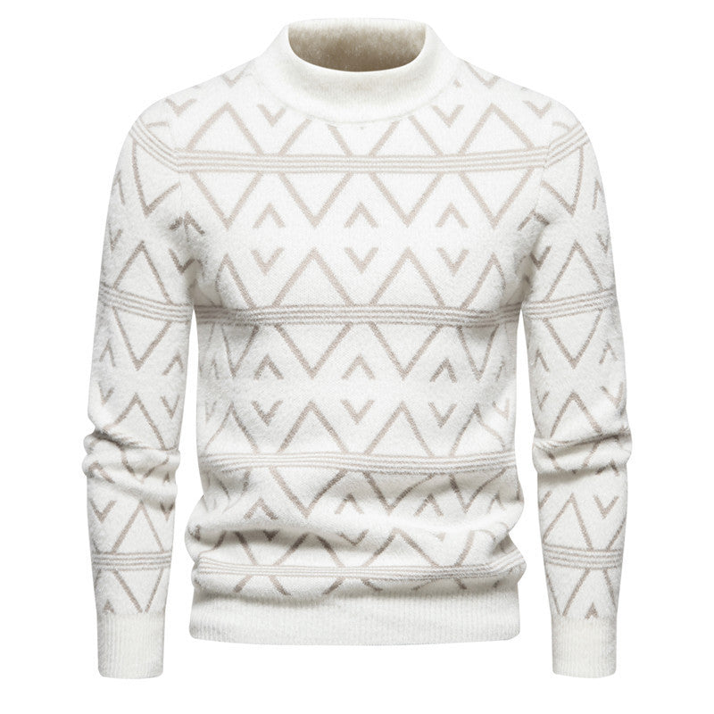 Men's geometric pattern round neck thick pullover sweater