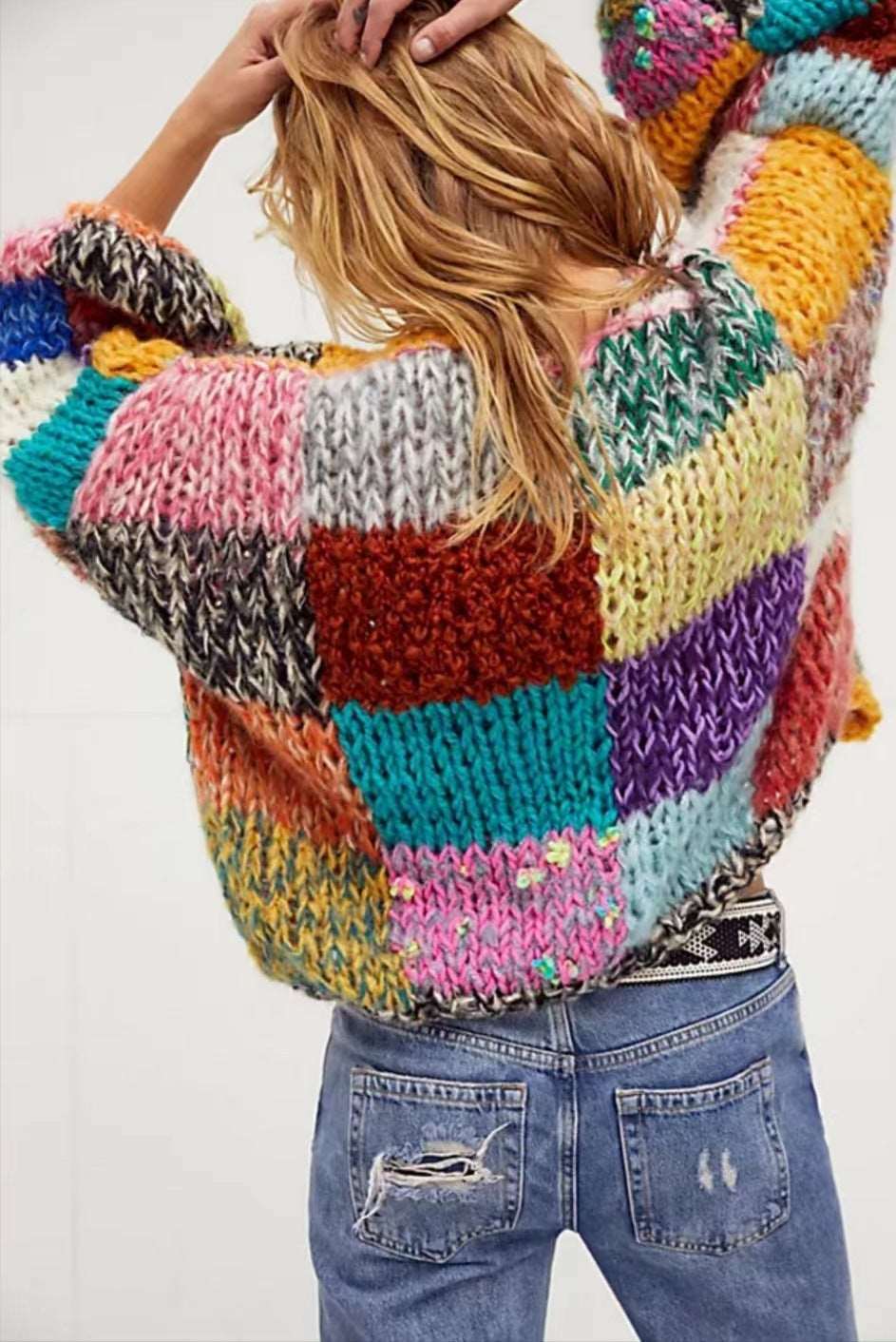 "Women's retro handmade rainbow plaid cardigan sweater."