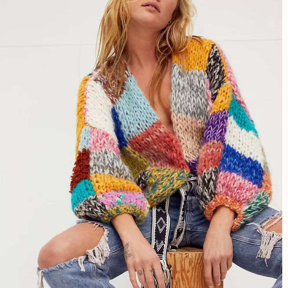 "Women's retro handmade rainbow plaid cardigan sweater."