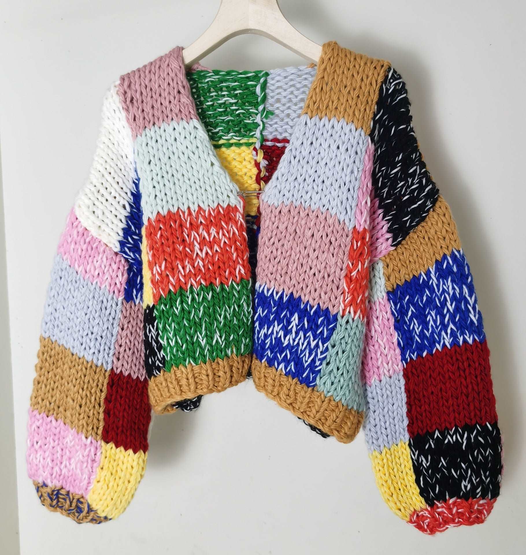 "Women's retro handmade rainbow plaid cardigan sweater."