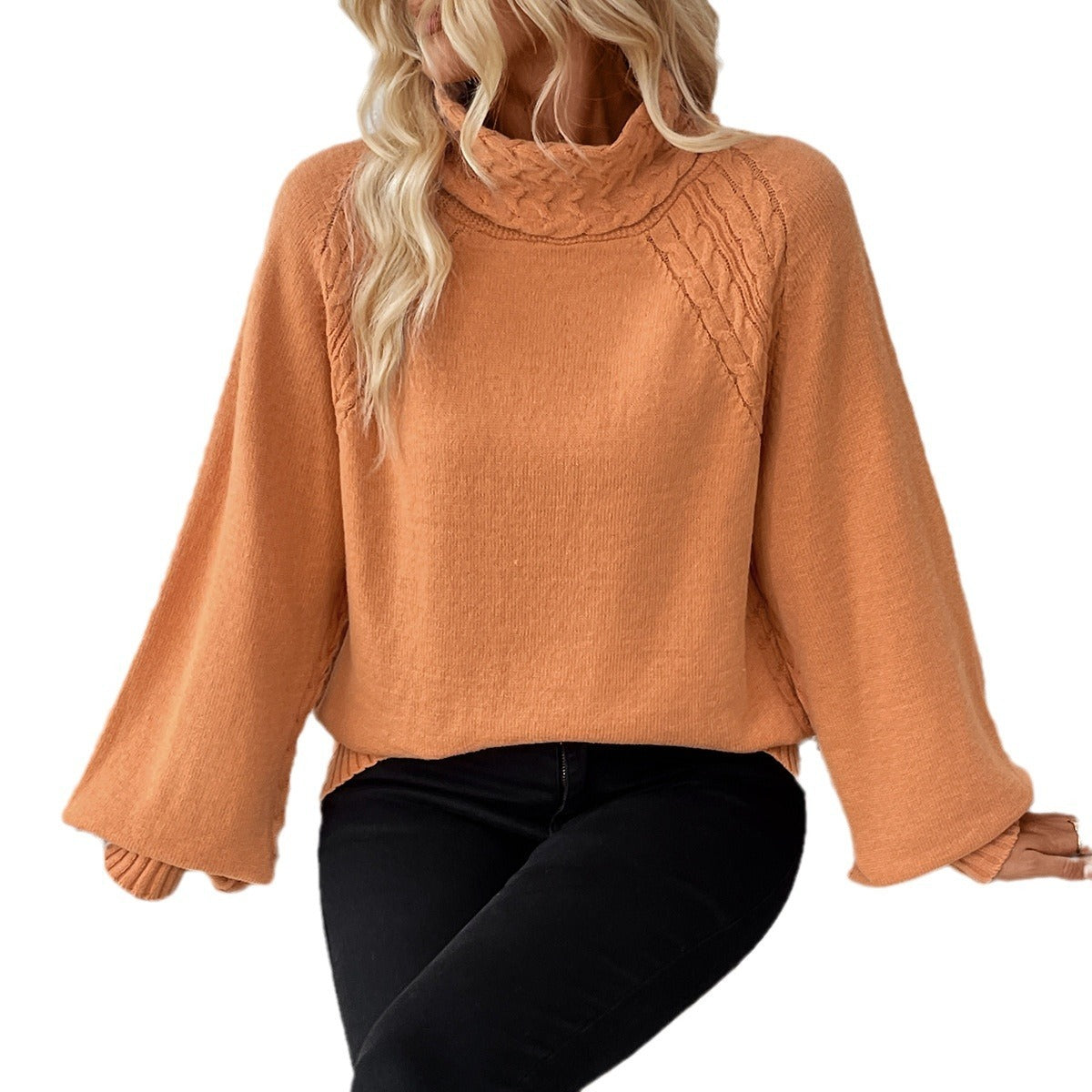 Women's casual turtleneck sweater with twisted weaving and princess sleeves