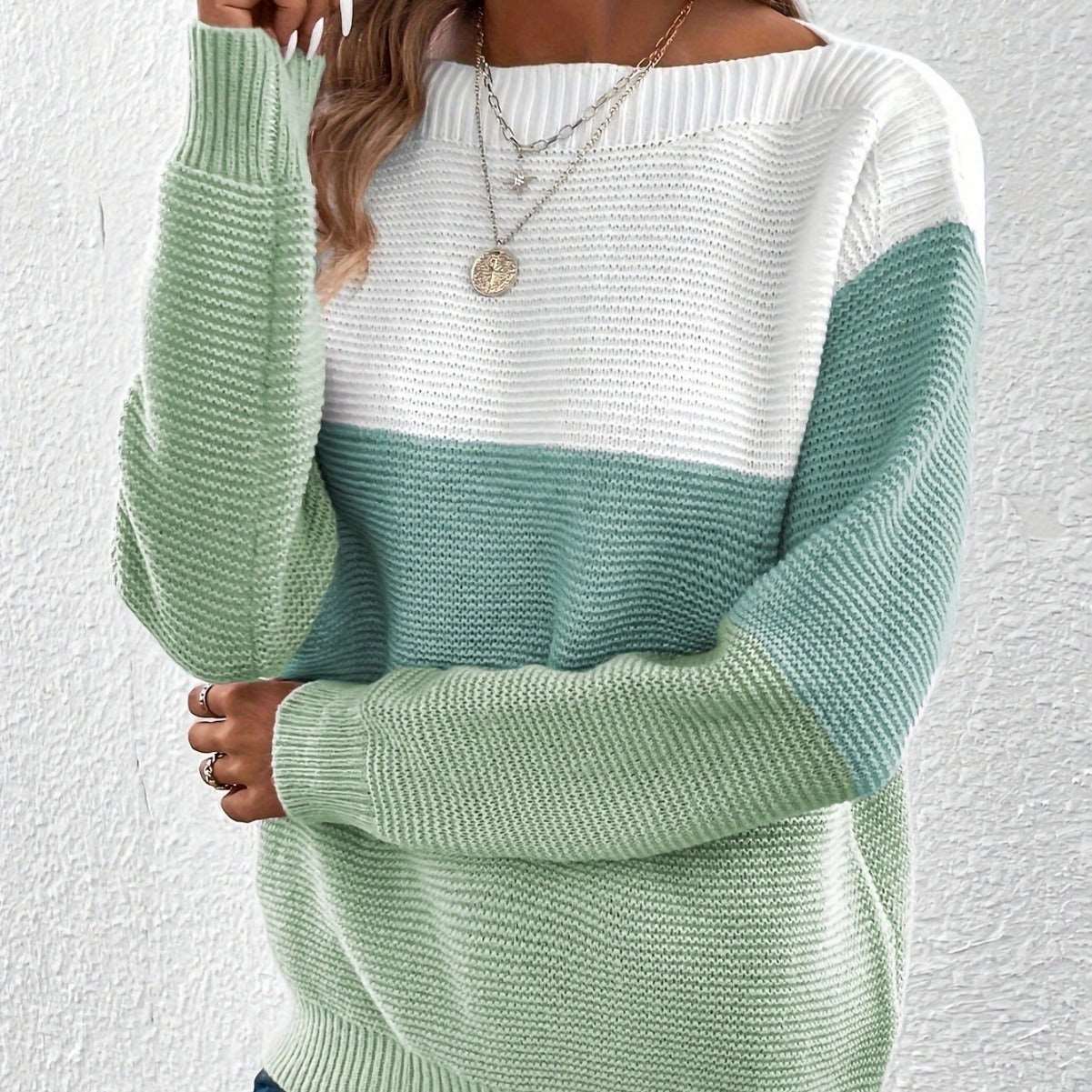 "Women's round neck splicing knitwear loose top wool sweater"