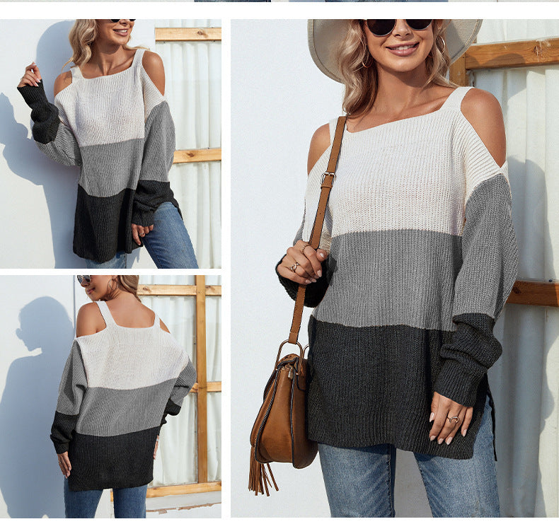 Contrast color women's off-the-shoulder sweater