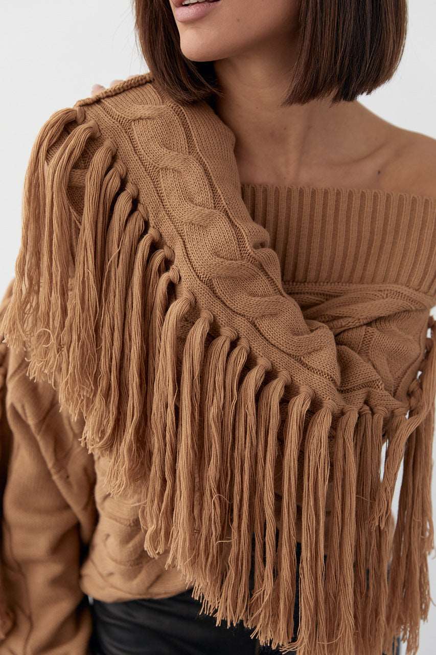 Elegant pure colour women's sweater with woollen tassel design