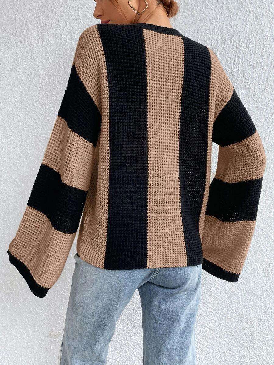 Striped knitted sweater with a round neckline for women